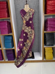 <b>Purple</b> Silk <b>Saree</b> With Gold Floral Embroidery Traditional Wedding Party Wear For Women India Pakistan Style - Product Image 1