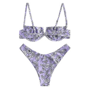 Women's Striped <b>Crossed</b> Halter Neck High Waist 2 Piece Set Bandeau Bikini <b>Top</b> Spandex Polyester Stretch Swimwear Regular Fit - Product Image 2