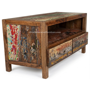 Mueble para TV DIVADI de Madera de Barco Reciclada, Sostenible, con 2 Cajones, Madera Sólida, Moderno, Unidad de Entretenimiento de Madera Reciclada, Soporte para Dispositivos Multimedia - Product Image 5