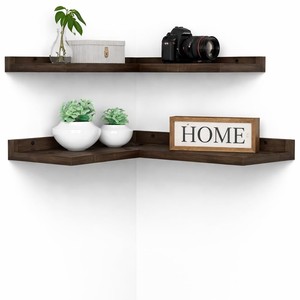 Mango Wood <b>Floating</b> <b>Corner</b> <b>Shelves</b> Double Tier Minimalist Living Room Storage | Handcrafted India Dark Gray Wholesale - Product Image 1
