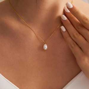 Natural Freshwater Pearl Drop <b>Necklace</b> 925 Sterling Silver 14K Gold Plated Minimalist Bridal Wedding Jewelry Gift - Product Image 2