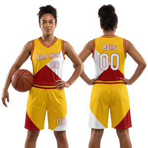Maillot de basketball personnalisé sublimé jaune, rouge et blanc, col en V, sans manches, en maille respirante, coupe athlétique unisexe adulte, avec nom d'équipe et motifs de ballons - Product Image 2