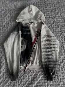 Men's Oversized Zip Up Hoodie Studded Hood Blood Graphic Print Streetwear <b>Sweatshirt</b> - Product Image 1