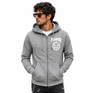 Premium Halloween Full <b>Zip</b> <b>Hooded</b> Jacket Custom Logo Available Soft Fleece Hoodie with Horror Skull Pumpkin Graphic Print Logo - Product Image 1