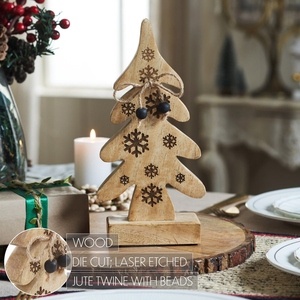 Rustic <b>Wooden</b> <b>Christmas</b> <b>Tree</b> Figurine Featuring Carved Snowflake Patterns And Jute Bow Accent For Festive Winter Home Decoration - Product Image 3
