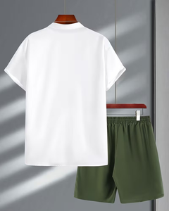 Men's Solid Color Short Sleeve Shirt Shorts Set Breathable Knitted Casual Summer Wear Quick Dry White Green Drawstring Pants - Product Image 2