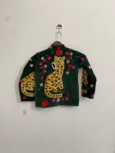 Handcrafted Green <b>Velvet</b> Tiger Embroidery <b>Jacket</b> Traditional Floral Bohemian Outerwear Full Sleeve Autumn <b>Jacket</b> - Product Image 3