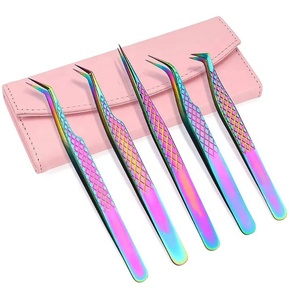 ชุดแหนบต่อขนตาเคลือบไทเทเนียมสีรุ้ง 5 ชิ้น พรีเมียม ทำจากสแตนเลส พร้อมกล่องเก็บสีชมพู สำหรับช่างต่อขนตา - Product Image 1