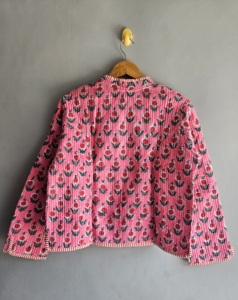 Pink Floral Quilted <b>Jacket</b> <b>Mandarin</b> <b>Collar</b> Full Sleeve Cotton Hand Embroidered Autumn Wear GIFT FOR HER - Product Image 6