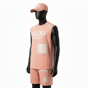 ชุดเสื้อยืดแขนกุดและกางเกงขาสั้นผู้ชาย ผ้าคอตตอนผสมเฟรนช์เทอร์รี่ ระบายอากาศได้ดี สีพีชล้วน รับสกรีนโลโก้ - Product Image 4