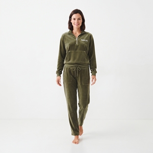 <b>Women's</b> Casual Winter Velvet Tracksuit 2 Olive Green Velour Tracksuit Piece <b>Half</b> <b>Zip</b> <b>Sweatshirt</b> and Wide Leg Pants Lounge Set - Product Image 3