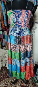 Bohemian <b>Patchwork</b> Silk Saree <b>Skirt</b> Dress for Women Breathable Ankle-Length Adjustable Strap Dress Free Size - Product Image 6