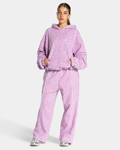 100% Cotton Fleece Pink Leopard Print <b>line</b> Piping contrast Women's oversized hoodie <b>pant</b> tracksuit set women two piece tracksuit - Product Image 2
