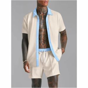 ชุดเซ็ตสองชิ้นสำหรับผู้ชาย เสื้อเชิ้ตแขนสั้นติดกระดุมคอปกตัดสี และกางเกงขาสั้นเอวยางยืด ชุดลำลองสำหรับฤดูร้อน - Product Image 1