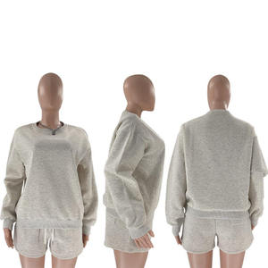 Conjunto de Sudadera de Cuello Redondo y Pantalones Cortos Holgados para Mujer, 100% Algodón, Antiencogimiento, Informal, de Invierno, Tejido de Punto de Dos Piezas - Product Image 1
