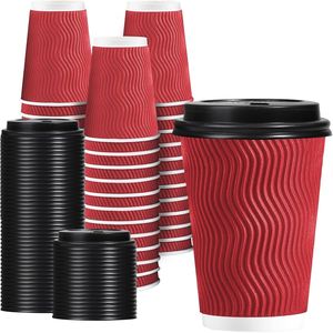 Confezione da 50 Bicchieri Monouso da 350 ml con Coperchio, in Carta Ondulata Isolante per Bevande Calde (Rosso) - Product Image 1