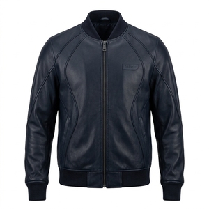 Chaqueta Bomber de Cuero Genuino Azul Marino para Hombre, Forro Acolchado Cálido, Puños de Punto Acanalado, Logotipo en Relieve, Fabricante OEM Personalizado - Product Image 1
