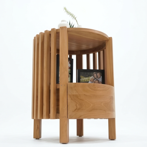 Solid Teak Wood Round Side <b>Table</b> With <b>Drawer</b> Slatted Cylinder Nightstand Minimalist Bedroom Furniture For Hotel - Product Image 3