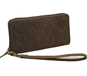 Women's Genuine Leather Long <b>Wallet</b> Floral Embossed Zipper Closure Vintage Style Handmade Daily Use - Product Image 1