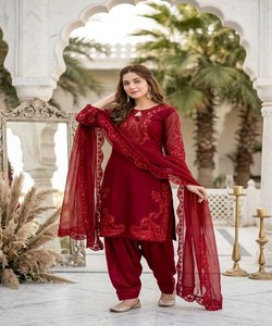 Red Embroidered Rayon Salwar Kameez With Dupatta Women Traditional Wedding Wear India Pakistan Style Loose Fit MT-1076 85247 - Product Image 1