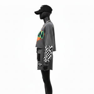 ชุดเซ็ตเสื้อสเวตเชิ้ตผ้าฟลีซคอตตอนคุณภาพสูงสำหรับผู้หญิง 100% ผ้าฝ้าย สีเทา พิมพ์ลายกราฟิก แขนเสื้อตัดต่อสีต่างกัน - Product Image 3