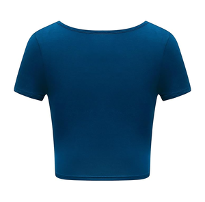 Women's Blue Crop <b>Top</b> Short Sleeve O-Neck Knitted Spandex Polyester Moisture Wicking Breathable Quick Dry Casual Sport Wear - Product Image 4