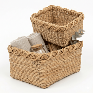 Cesta de Almacenamiento Rectangular Hecha a Mano de Jacinto de Agua, Organizador Ecológico de Mimbre Tejido para Decoración del Hogar, Baño y Despensa - Product Image 6