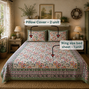 Jaipur Hand <b>Block</b> Printed Plant Floral King Size Flat <b>Bed</b> Set 100% Cotton All Season Eco-Friendly Durable Breathable Home Hotel - Product Image 6