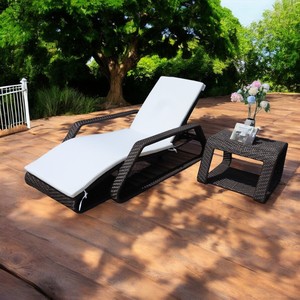 Modern Outdoor Sun Lounger with <b>White</b> <b>Cushion</b> PE Rattan Reclining Chair with Side Table UV Resistant Patio Furniture - Product Image 1