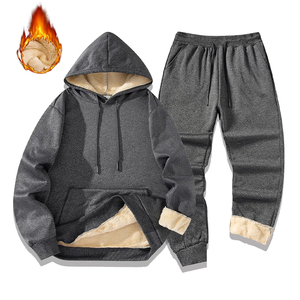 Ensemble de survêtement d'hiver pour homme, 2 pièces, imprimé, doublure polaire, sweat-shirt à capuche avec cordon de serrage, pantalon de jogging, couleur unie, manches longues - Product Image 5
