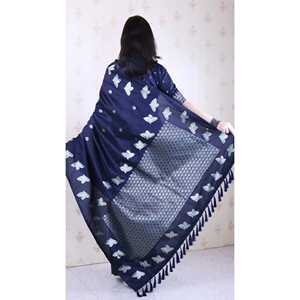 Sari en soie douce bleu marine à double tissage Zari avec bordure à motif d'oiseaux pour robes de cocktail Elite Weaves 650g - Product Image 4