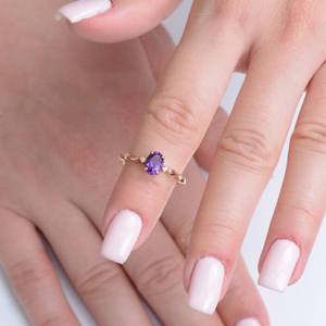 Bague de fiançailles en améthyste violette, délicate, ovale, avec pierre précieuse violette, alliance de mariage, bijou pierre de naissance en améthyste, argent 925 - Product Image 5