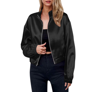 Chaqueta Bomber de Satén para Mujer Tallas Grandes, Color Negro, Oversize, con Cierre Completo, Chaqueta Varsity de Satén de Seda con Servicio OEM - Product Image 4