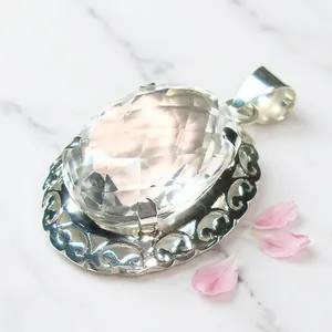 925 Sterling <b>Silver</b> Crystal Quartz Pendant Handmade Vintage Style Clear Gemstone Jewelry Wholesale Indian Artisan Pendant - Product Image 2