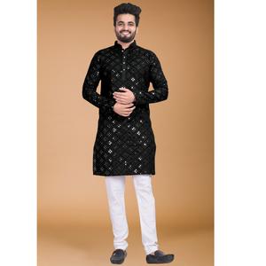 Ensemble Kurta Pyjama Traditionnel pour Hommes en Tissu Premium, Manches Longues, Coupe Confortable pour Mariages et Tenues de Fête - Product Image 1