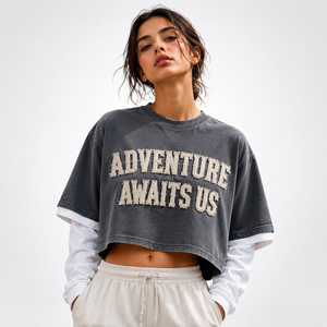 Wholesale Double Layer Crop T Shirt <b>Distressed</b> Embroidered Crew Neck Tee Drop Shoulder Stone Washed T-Shirt 100% Cotton Crop <b>Top</b> - Product Image 1