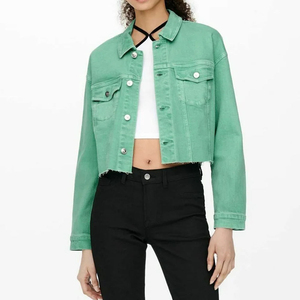 Fashion Green <b>Cropped</b> <b>Denim</b> <b>Jacket</b> for Women Custom Logo Long Sleeve Jean Coat Manufacturer Supply - Product Image 3