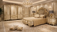 Ensemble de chambre à coucher King Size de luxe en teck massif, lit sculpté traditionnel capitonné doré lavable, 2 tables de chevet, mobilier de maison