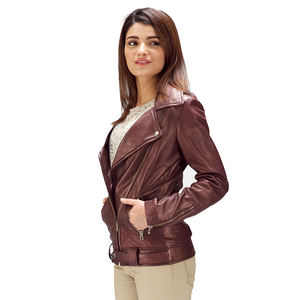 Chaqueta de Cuero Genuino Borgoña al por Mayor, Estilo Motero, con Cinturón, Cierre Asimétrico, Color Sólido, Otoño-Invierno, Ecológica, Impermeable, OEM - Product Image 6