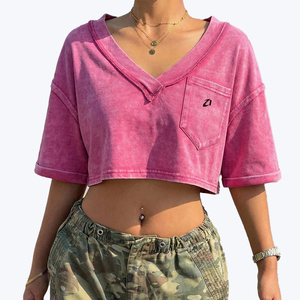 Camiseta Corta Rosa para Mujer, Estilo Vintage Lavado, Cuello en V, Manga Corta, con Bolsillos, Blusa Casual 100% Algodón - Product Image 1