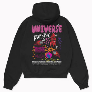 Sudadera con capucha negra para mujer con bordado de cohete rojo en la manga izquierda, corte regular, tejido de algodón, para otoño - Product Image 2