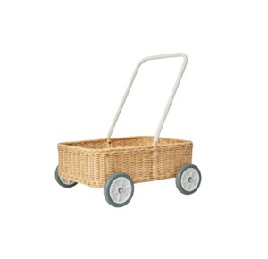 Chariot à jouets en rotin tressé pour enfants avec quatre roues et poignée de traction, chariot de rangement en rotin naturel fait main pour les jouets des enfants, chambre d'enfant - Product Image 1