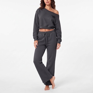 Women's Two Piece Set Sloughy Shoulder Crop Top Full Sleeve Cotton Fleece <b>Wide</b> <b>Leg</b> <b>Jogger</b> Solid Color Casual Loose Fit - Product Image 3