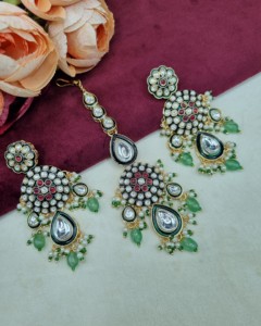 Elegant Kundan Pearl Strand Choker <b>Necklace</b> Set With Earrings And Mangtika Traditional Ethnic Festive Wear Jewellery Collections - Product Image 6