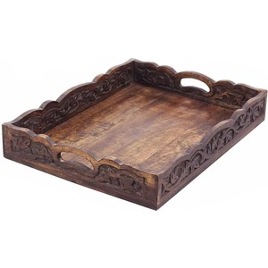 Bandeja Decorativa Rectangular de Madera de Diseño Tradicional con Patrón Floral Tallado, Paquete Individual - Product Image 4