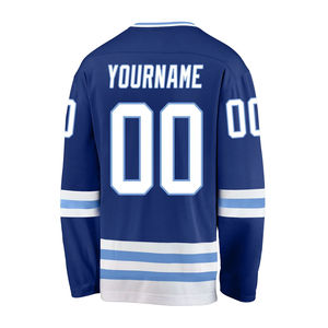 Camiseta de hockey sobre hielo personalizada para hombre, azul y blanca, con estampado sublimado, manga larga, logotipo de equipos, transpirable, corte regular - Product Image 3