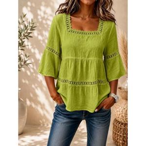 Blusa Peplum de Alta Calidad con Encaje Multicolor para Mujer, Cuello Cuadrado, Manga Campana, Algodón, Estilo Boho, Informal, para Verano, Precio al por Mayor - Product Image 6