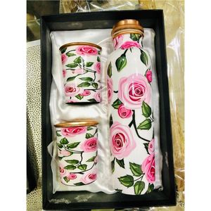Ensemble de bouteilles d'eau en cuivre pur faites à la main avec 2 verres, imprimé floral, laqué, bienfaits ayurvédiques pour la santé, coffret cadeau yoga - Product Image 2