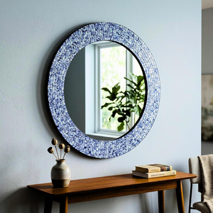 Handcrafted Blue White Mosaic Round <b>Wall</b> <b>Mirror</b> Coastal Nautical Style Decorative Accent <b>Mirror</b> for <b>Living</b> <b>Room</b> Bedroom Bathroom - Product Image 4