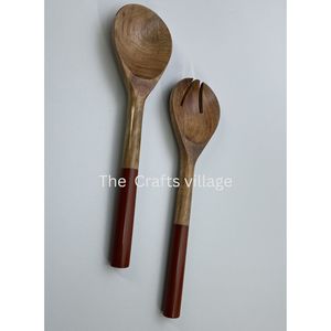 Durable Wooden Salad Server <b>Set</b> Spoon Fork <b>Grey</b> Handle Natural Finish Kitchen Serving Utensils <b>Dining</b> Tools - Product Image 4